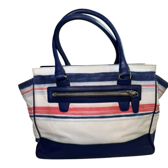 Coach Stripe Canvas & Navy Leather Satchel Tote – Tassel Bag Zip Pocket – Large - Picture 6 of 13